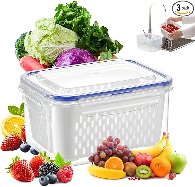 Fruit Storage Containers with Removable Colander (Blue 3PCS, Small) | Leakproof Produce Containers for Fridge, Produce Storage Containers, Fridge Organizers and Storage for Fruit, Vegetables by Unknown