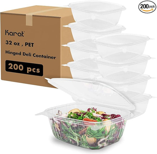 Karat 200 Count Clear PET Hinged Deli Take Out Containers - 32 oz Plastic Clamshell Food Containers, Disposable Square to Go Boxes, Ideal for Pasta Salads, Fruit, Deli Sides and More, FP-HDC32 by Karat