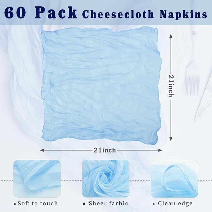 Baby Blue 60 Pack Cheesecloth Napkins Washable 21x21 Inches Baby Blue Cloth Napkins Set of 60 Bridal Baby Shower Dinner Table Napkins for Wedding Rustic Boho Cotton Gauze Summer Party Table Decor - Image 3
