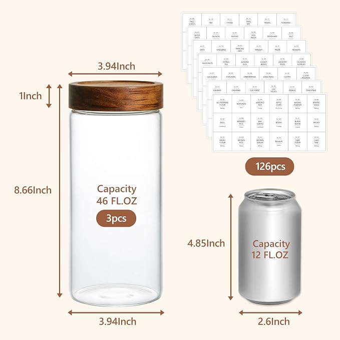 KEYWING 46 fl.oz Glass Jars with Airtight Lids, Food Storage Jars 3Pcs | Clear Food Containers For Pantry Organization Kitchen Canister Set for Cookie Rice Sugar Snack Coffee Bean, with 126 Labels - Image 2
