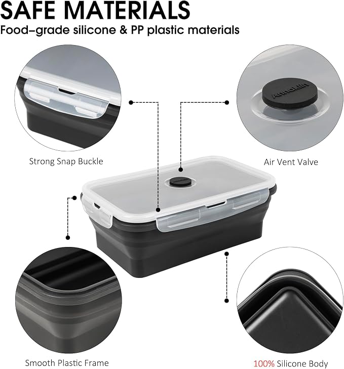 Collapsible Food Storage Containers with Lids, 4 Pack, 40 oz Silicone 1-Compartment Meal Prep Containers Reusable, Lunch Bento Boxes for Adults, Microwave Freezer Dishwasher Safe, BPA-Free, Black - Image 5