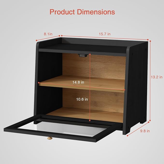 Goozii 2 Tier Bread Box for Kitchen Countertop Black, Double Layer Breadbox for Counter Top, Large Wood Vintage Bread Storage Container for Homemade Bread, Corner, Under Cabinet, Pantry - Image 2