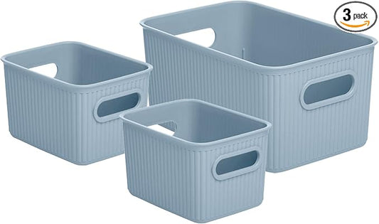 Superio Ribbed Collection - Decorative Plastic Basket Open Home Storage Bins Organizer, Blue (Set of 3) 1 Medium, 2 Small - Container Boxes for Organizing Closet Storage Bins for Shelves Drawer Shelf by Superio