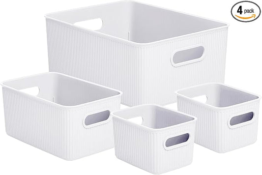 Superio Ribbed Collection - Decorative Plastic Basket Open Home Storage Bins Organizer, White (Set of 4) 1 Large, 1 Medium, 2 Small - Container Boxes for Organizing Closet Storage Bins for Shelves by Superio