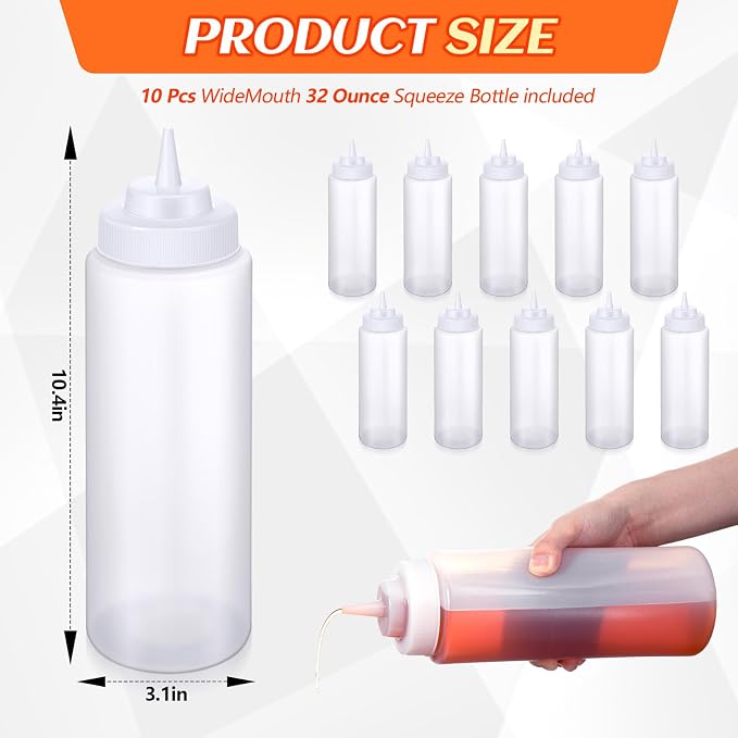 10 Pcs 32 oz Squeeze Bottle Large Plastic Wide Mouth Squeeze Bottles for Condiment Sauces Chocolate Ketchup Mustard BBQ Grill Restaurant (Clear) - Image 2