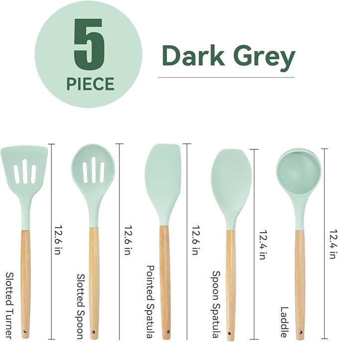 Kitchen Utensils Set, 5 Pcs Non-Stick Silicone Kitchen Cooking Utensils with Wooden Handle, Kitchen Spatula Cookware Utensils Set, Heat Resistant Silicone Kitchen Gadgets (Light Green) - Image 3