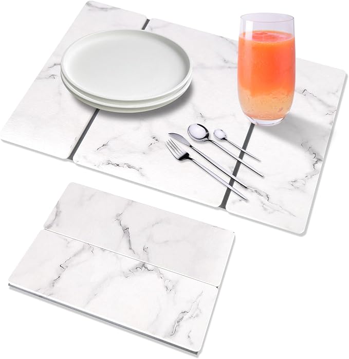 Stone Dish Drying Mat for Kitchen Counter, 24 x 16 Inch(White Marble Vein) | Absorbent diatomaceous earth and PVC, folds for compact storage, suitable for dishes, cups, bottles, or a bathroom floor mat by Unknown
