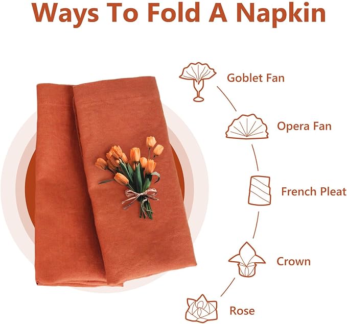 100% Linen Dinner Napkins 15x15 Inch,Soft and Breathable French Flax Cloth Napkins,Stone Washed Set of 4(Rust) - Image 6
