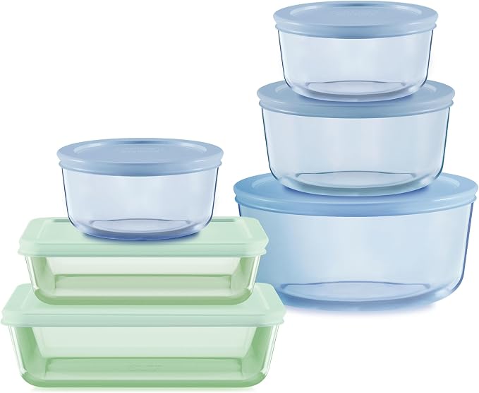 Pyrex Colors Tinted (12-PC Full Set) Small/Medium/Large Food Storage Container Set, Snug Fit Non-Toxic Plastic BPA-Free Lids, Freezer Dishwasher Microwave Safe, 3 Cup, 6 Cup & 11 Cup by Pyrex