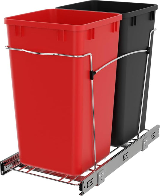 Rev-A-Shelf Pullout Trash Can for Kitchen Cabinets 27 Qt Garbage Recycling Bin with Full Extension Slides, Red/Black, RV-15KD-1618C-S by Rev-A-Shelf