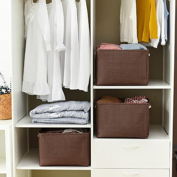 Organization and Storage Basket for Shelves - 3 Pack 16x12x12 inch Fabric Storage Cubes, Cube Storage Bin for Organizing Closet Cloth Organizer Gift Toy (White & Brown) - Image 2