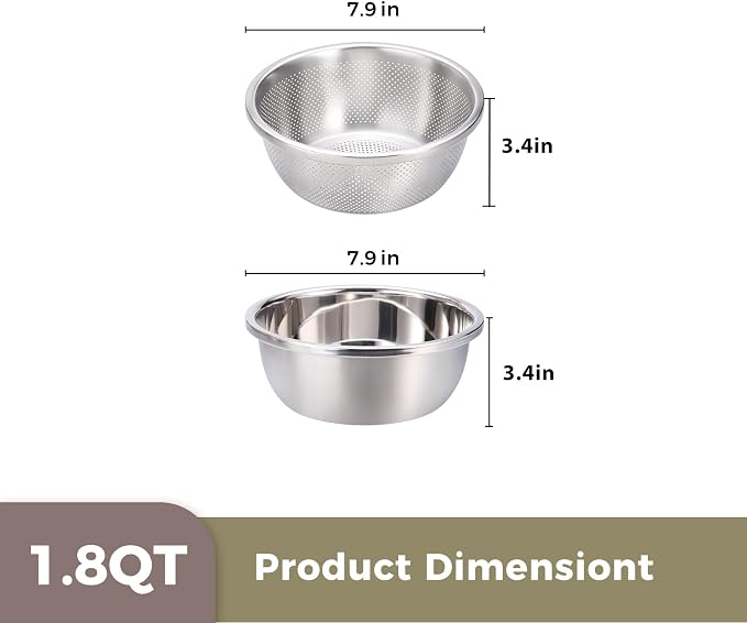 Colander and Bowl Set 1.8QT (2-in-1) - Thickened 304 Stainless Steel Kitchen Strainer Bowl for Fruit, Pasta, Vegetables, Rice - Heavy Duty, Induction Cooker & Dishwasher Safe - Image 3
