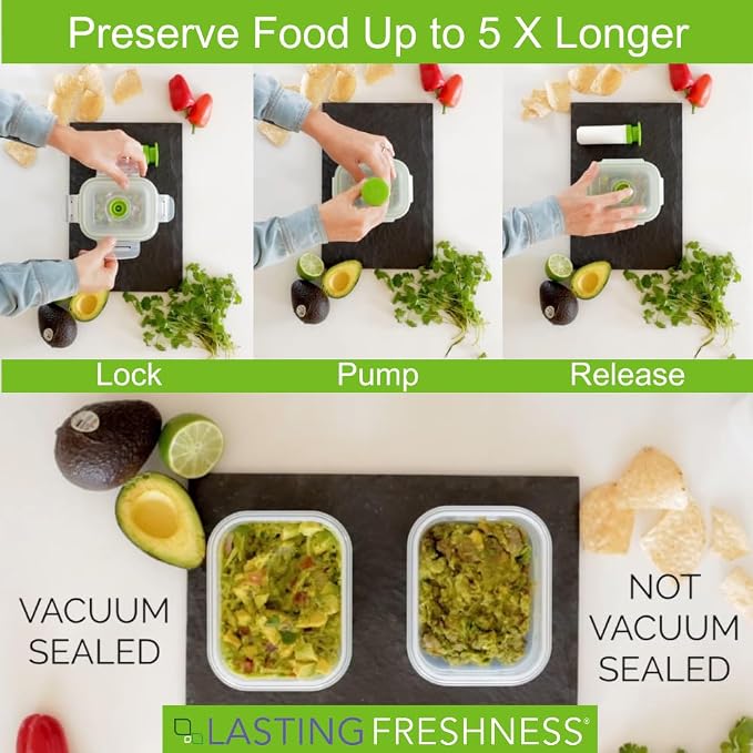 Vacuum Seal Food Storage Containers with Hand Pump – BPA-Free Plastic, Airtight Meal Prep & Leftovers Containers, Keep Food Fresh 5X Longer, 19-Piece Set - Image 7