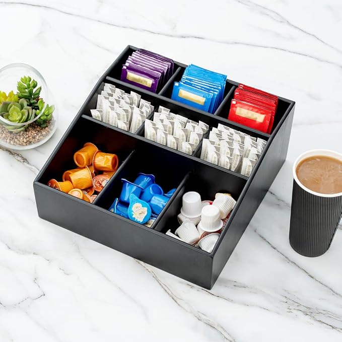 Restaurantware-11.75 x 5.5 Inch Coffee Condiment Organizer, 1 Square Creamer Organizer - 9 Compartments, Break-Resistant, Black Bamboo Coffee Accessory Caddy, Won't Chip, For Sugar Packets & Creamers - Image 3