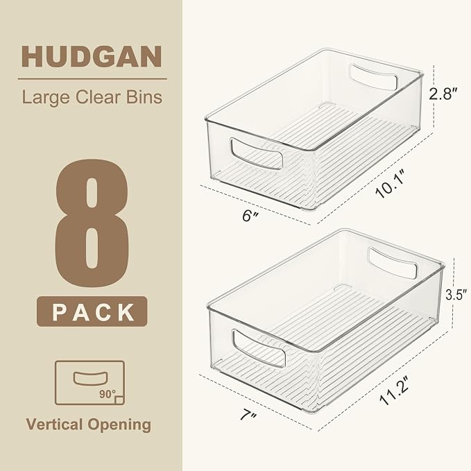 Hudgan Clear Storage Bins 8 Packs for Refrigerator, 4 Large Stackable Pantry Organizer Bins and 4 Medium Storage Plastic Containers for Home Edit, Kitchen, Freezer, Bathroom, Drawers, Shelves - Image 3
