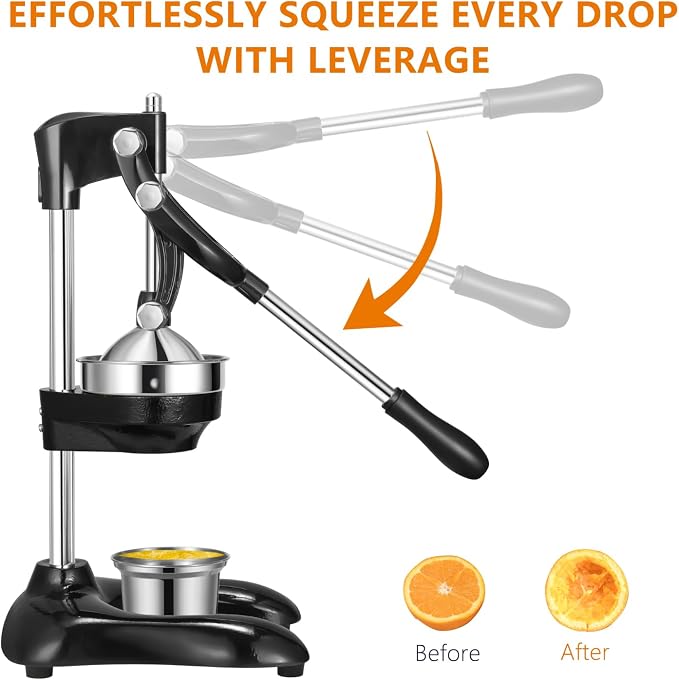 TONGCHANT Cast Iron Manual Juicer, Dual Pattern & 19" Tall | Heavy Duty Orange Juicer Squeezer for Lemon Lime & Pomegranate, Citrus Press, Stainless Steel Cup, Easy to Clean, Black - Image 6