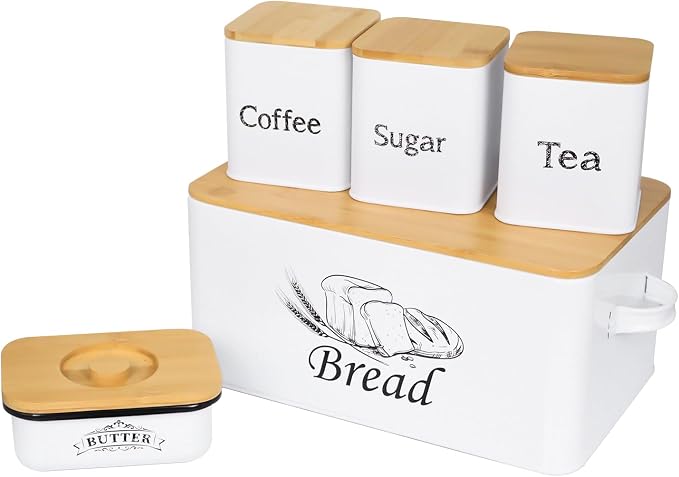 SOTECH Bread Box with 3pcs Jars Coffee Sugar Tea for Kitchen Countertop White Metal Bread Box with Bamboo Board Cover Pastry Storage Container Set Kitchen decor (bread box + jars + butter dish) - Image 2