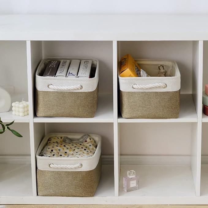 Storage Basket for Organizing - 14x10x7 inch Medium 3 Pack Collapsible Storage Bin for Shelves with Handles, Canves Storage Box for Organizer Cubes Cloth Gift Toy Closet (White & Khaki) - Image 2