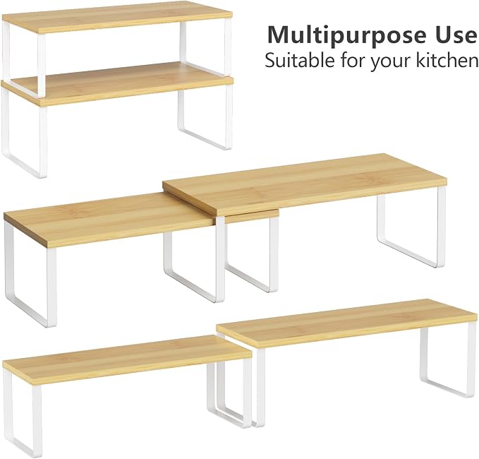 NEX Kitchen Cabinet and Counter Shelf Organizer, Stackable & Expandable, Set of 4, White and Natural - 7.7 x 15.6 x 6.2'' | Stackable Expandable Spice Rack, Space-Saving Pantry Organizers Bathroom Countertop Storage, White and Natural - Image 4