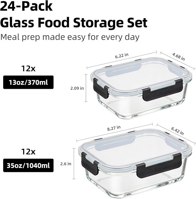 Konokyo Rectangular Glass Food Storage Containers with Lids, 24 Pack Airtight Leakproof Meal Prep Containers, BPA-Free, Microwave Oven Freezer & Dishwasher Safe, Assorted Sizes - Image 3