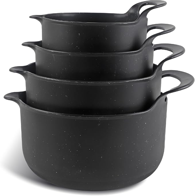 COOK WITH COLOR Nesting Plastic Mixing Bowl Set with Pour Spouts and Handles, Black Speckled, 4 Piece Non-Slip by CookwithColor