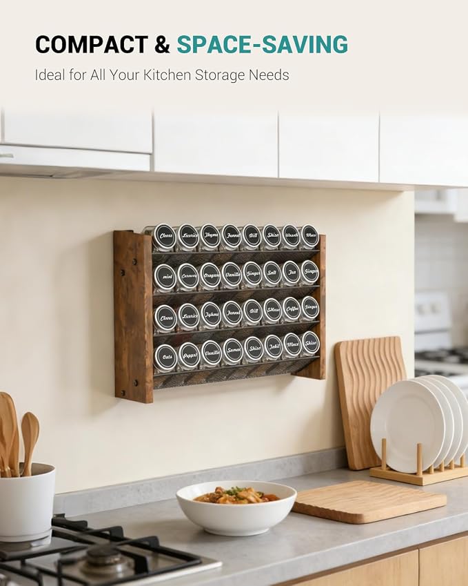 NESAPTO Spice Rack Organizer with 32 Glass Spice Jars, Wood 4-Tier Seasoning Organizer with Labels for Cabinet, Pantry, Countertop or Wall Mount, Chalk Marker and Funnel Set, 15.7" W × 9.4" H - Image 6