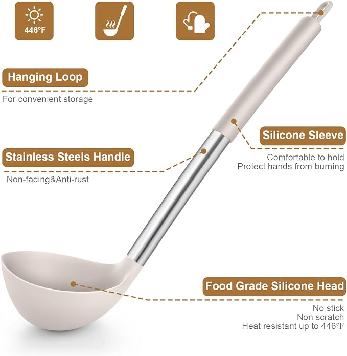 LIANYU 15 Pcs Cooking Utensils Set, Silicone Kitchen Tools with Holder | Heat Resistant, Kitchen Gadgets with Stainless Steel Handle, Brush Spatula Spoon Whisk for Cookware, Dishwasher Safe, Khaki - Image 3