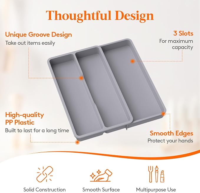 Lifewit Utensil Organizer for Kitchen Drawer, Expandable Cooking Silverware Tray, Adjustable Cutlery Flatware Holder, Plastic Spatula Tools Storage Divider, 14.4 x 15.8", Gray - Image 6