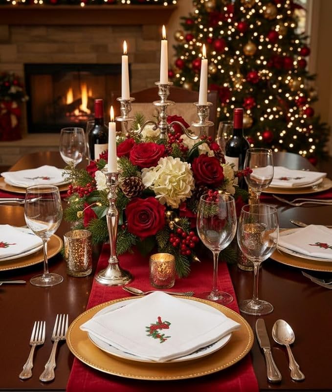 Embroidered Cloth Napkin Strawberry Candle Holly Christmas Cotton Napkins Set of 6, 20 x 20 Hemstitch Table Napkins Machine Washable, Daily & Holidays, Great Gift Ideas - Image 7