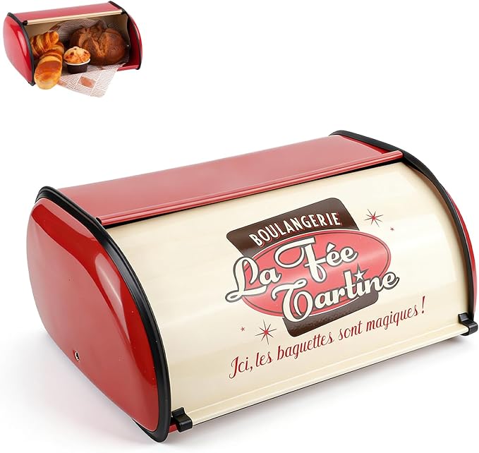 Metal Bread Storage Container, Large Capacity Vintage Roll Top Bread Box Bread Holder Bread Dispenser Kitchen Countertop Box for Kitchen Bread Storage 13.6 * 9.1 * 5.7 in (Red) by Unknown