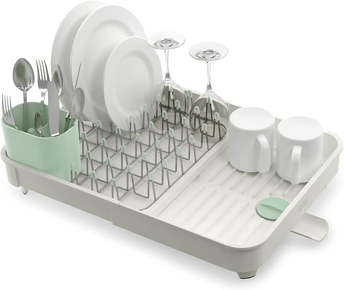 Joseph Joseph Extend Expandable Dish Drainer Rack with Removable Flatware Holder Swivel Draining Spout - Stone/Sage Green - Image 4