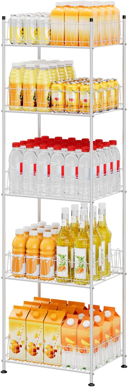 ETELI Water Bottle Storage Organizer 5 Tier Metal Water Bottle Holder Shelf Drink Beverage Soda Can Organizer Rack Bottled Water Stand for Floor Classroom Kitchen Food Storage, Silver by ETELI