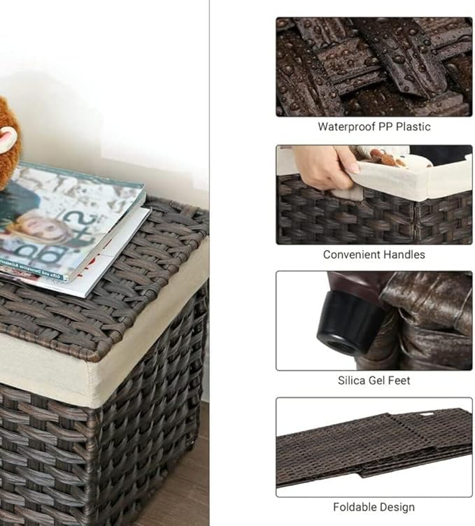 SONGMICS Storage Basket with Lid, Woven Blanket Storage Bin with Handles, Foldable, Removable Liner, Metal Frame, for Bedroom, Laundry Room, 42.3 Gallons (160 L), Brown URST76BR - Image 3
