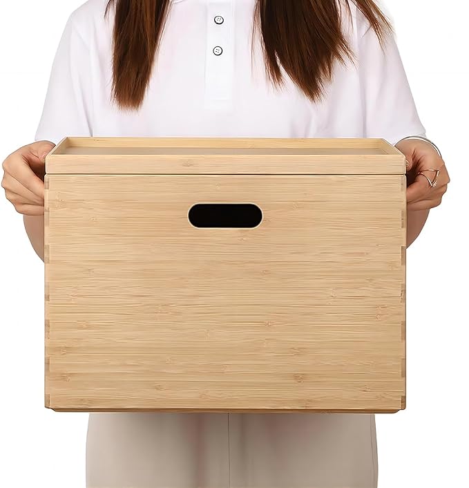 BAMOTTO CRAFTBAMBOO Large Lidded Bamboo Storage Bin 14.6”x10.2”x9.6” | Stackable | Cutout Handles | Natural Bamboo Box Basket for Kitchen Pantry Office Closet, Organize Tableware Toys Crafts Books by BAMOTTOCRAFTBAMBOO