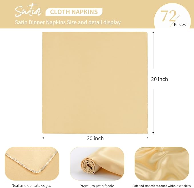 72 PCS Champagne Gold Square Satin Cloth Napkins, 20 X 20 Inch | Soft Smooth, Washable Reusable, Silk Dinner Table Napkins Bulk, for Weddings Parties Banquets Dining and Restaurants - Image 3