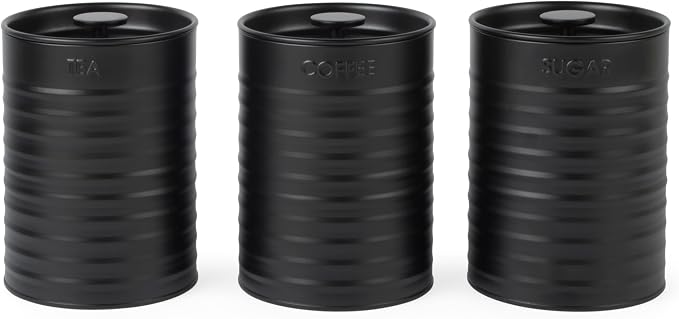 Russell Hobbs RH03268EU7 Ribbed 3-Piece Canister Set – Set of 3 Kitchen Storage Canisters for Tea, Coffee and Sugar, Durable Powder-Coated Steel, Pull Top Lids, Easy to Clean, Ribbed Design, Black by Russell+Hobbs