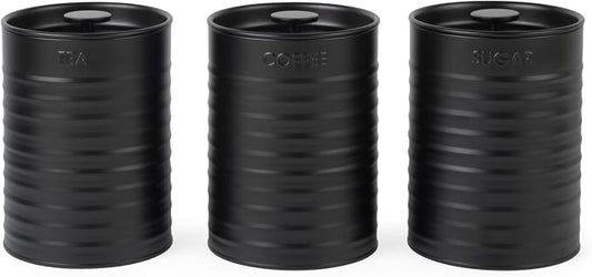 Russell Hobbs RH03268EU7 Ribbed 3-Piece Canister Set – Set of 3 Kitchen Storage Canisters for Tea, Coffee and Sugar, Durable Powder-Coated Steel, Pull Top Lids, Easy to Clean, Ribbed Design, Black by Russell+Hobbs
