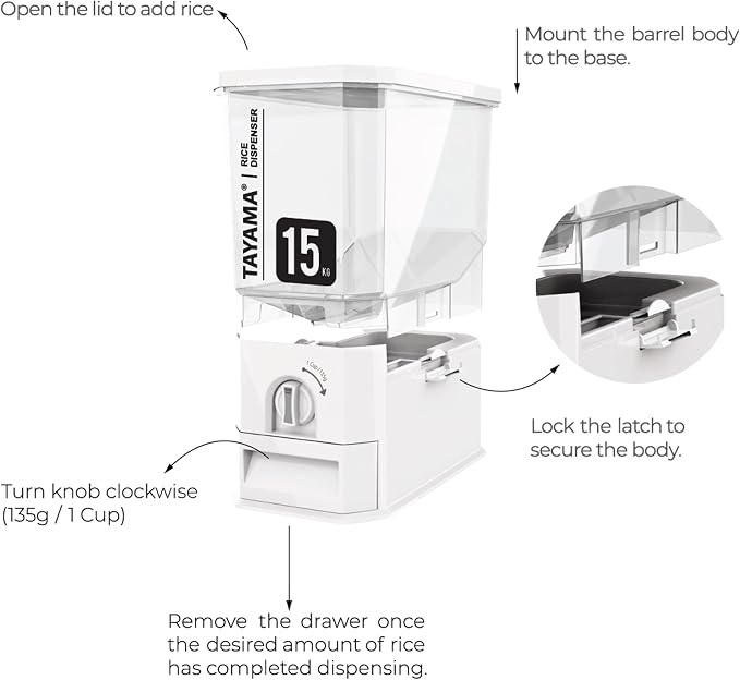 TAYAMA 33 lbs. Capacity Rice Dispenser Grain Storage Container, White - Image 5