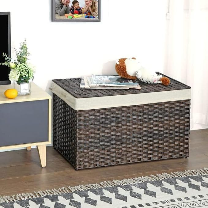 SONGMICS Storage Basket with Lid, Woven Blanket Storage Bin with Handles, Foldable, Removable Liner, Metal Frame, for Bedroom, Laundry Room, 42.3 Gallons (160 L), Brown URST76BR - Image 7
