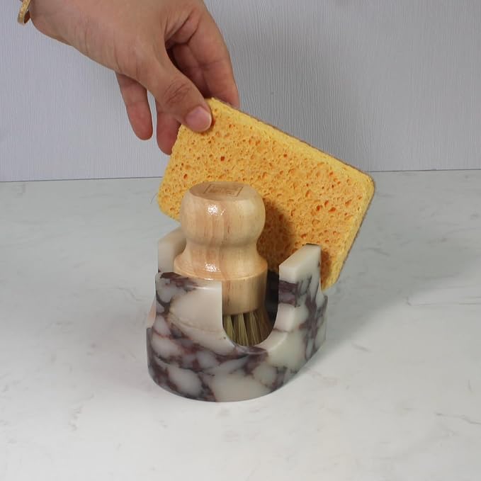 Natural Travertine Marble 2-Slot Sponge Holder for Kitchen Counter, 2-in-1 Stone Drying Rack, Sponge Caddy for Sink Organizer - Calacatta Viola Marble - Image 5