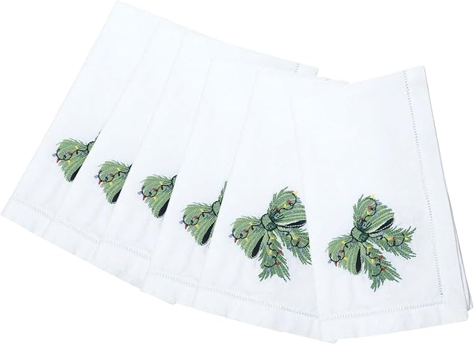 Embroidered Cloth Napkin Green Bow Christmas Cotton Napkins Set of 6, 20 x 20 Hemstitch Table Napkins, Machine Washable, for Daily & Holiday Dining, Great Gift Ideas by Unknown