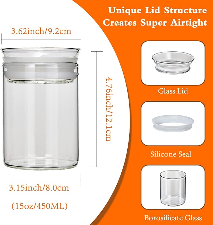 ZENS 15oz Airtight Glass Jars Set of 3, Small Food Container Spice Jars | Thick Borosilicate Clear Glass Kitchen Canisters with Airtight Lids for Herbs, Loose Tea Storage Jars - Image 4