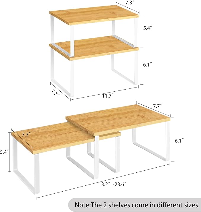 Shinoske Cabinet Shelves Organizer,Set of 2 Stackable Cabinet Counter Organizers Expandable Kitchen Countertop Shelf Spice Racks,Bamboo Top and Metal Frame,White and Natural - Image 3