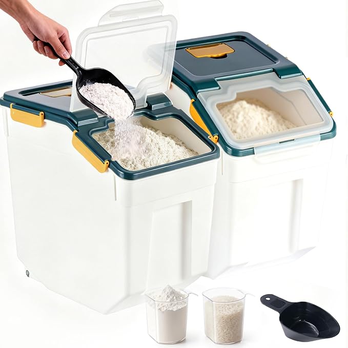 RUIAN 2Pcs Large Flour Storage Container Bin 50Lb Airtight Rice Storage Containers with Wheels Seal Locking Lid, BPA Free with Measuring Cup&Scoop for Flour, Rice, Grain 100LBS Total (Blue) by RUIAN