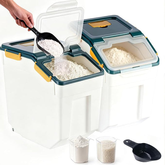 RUIAN 2Pcs Large Flour Storage Container Bin 50Lb Airtight Rice Storage Containers with Wheels Seal Locking Lid, BPA Free with Measuring Cup&Scoop for Flour, Rice, Grain 100LBS Total (Blue) by RUIAN