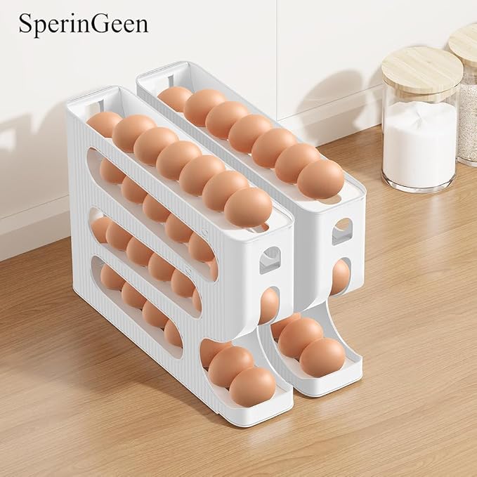 Automatic Rolling Down Egg Holder, SperinGeen Egg Roller Holds 56 Count | 2 Pack Egg Organizer Storage for Refrigerator, Space Saving Container, Dispenser for Fridge - Only for "LARGE" Sized Eggs - Image 4
