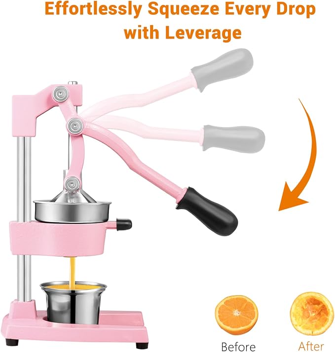 TONGCHANT Cast Iron Manual Juicer for Orange Lemon Lime Pomegranate &Citrus | Heavy Duty Orange Juicer Squeezer, Hand Press Juicer, Citrus Press, Stainless Steel Cup, Easy to Clean, Pink - Image 5