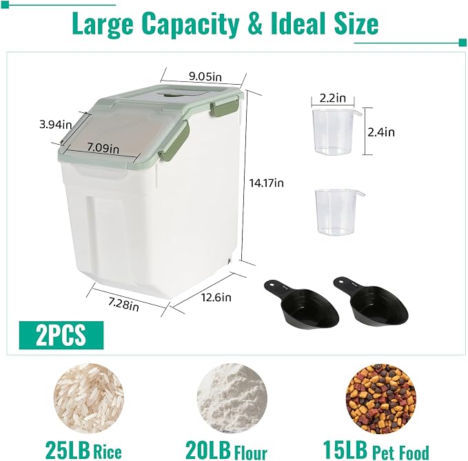2 Pack Rice Container 25 lbs Large Bulk Flour Sugar Storage Holdhouse Plastic Grain Cereal Dry Goods Bin with Spoon and Measuring Cup for Kitchen Pantry Organization - Green - Image 2