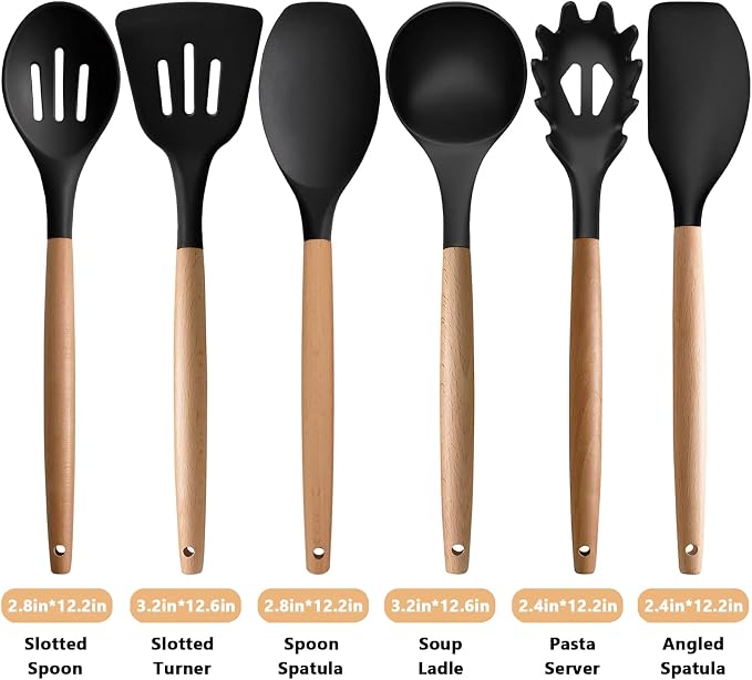 Silicone Kitchen Utensils Set of 6, Cooking Utensils Set with Heat Resistant Wooden Handle, Nonstick Silicone Spatula Spoon Turner Ladle, Cooking Kitchen Gadget for Cookware & Baking BPA FREE - Image 3