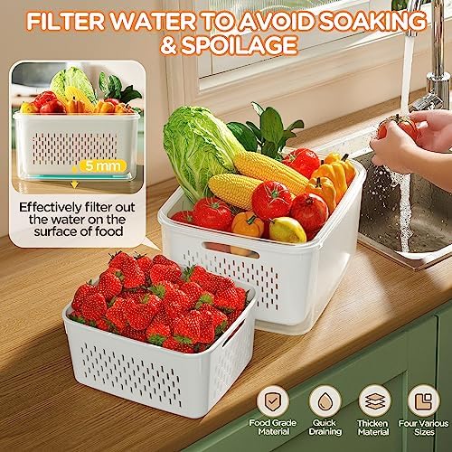 4-Pack Fruit Storage Containers for Fridge with Removable Colanders and 6 PCS Stainless Steel Mixing Bowls with 3 Grater Attachments, Kitchen Food Storage Organizers Nesting Mixing Bowl - Image 3